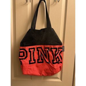 Victoria's Secret PINK LOGO Tote Bag Shopper Beach Purse‎ Ultra Pink  Black Mesh